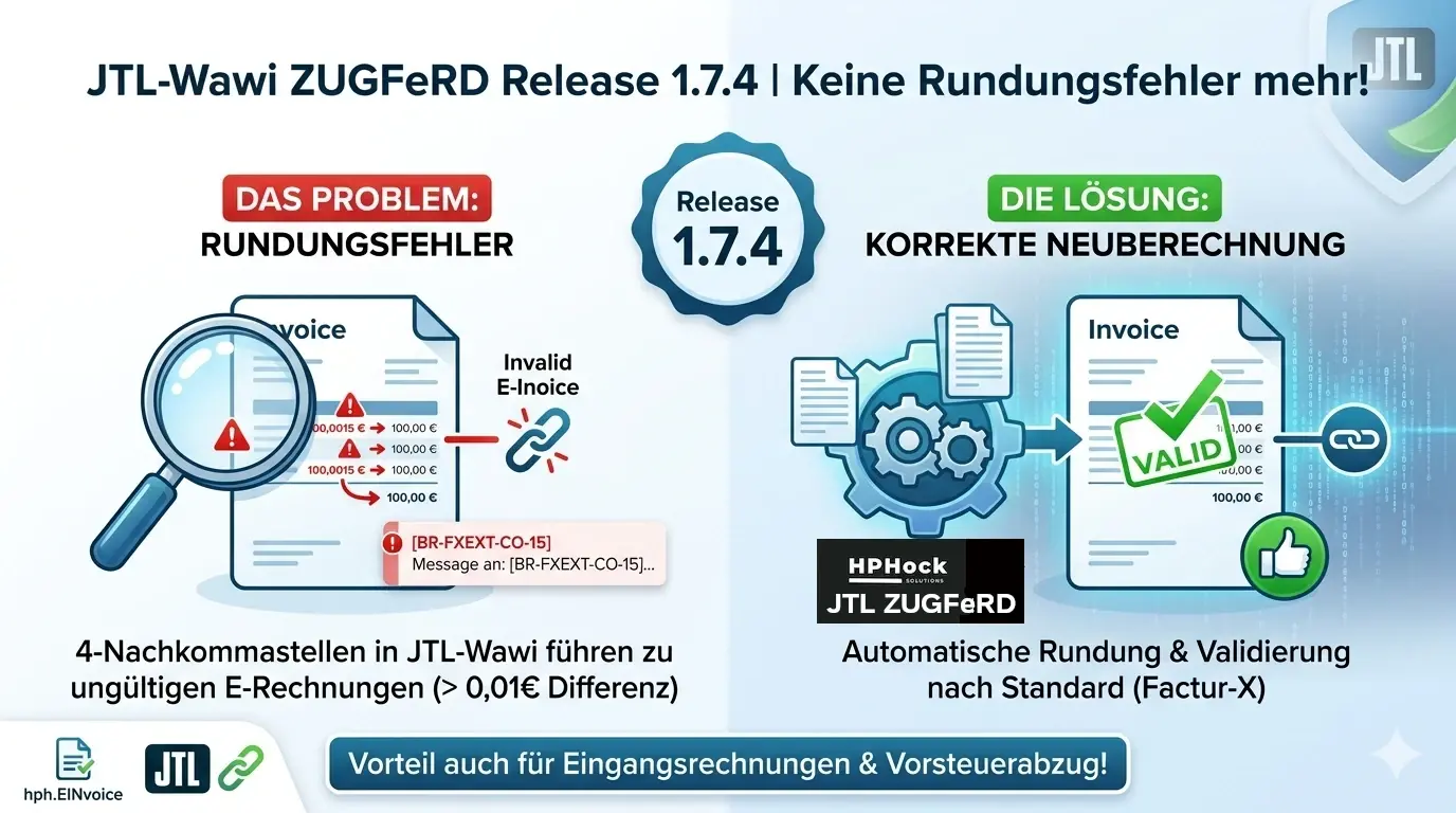 Neues Release: JTL-Wawi ZUGFeRD 1.7.4 – Schluss mit Rundungsfehlern bei E-Rechnungen