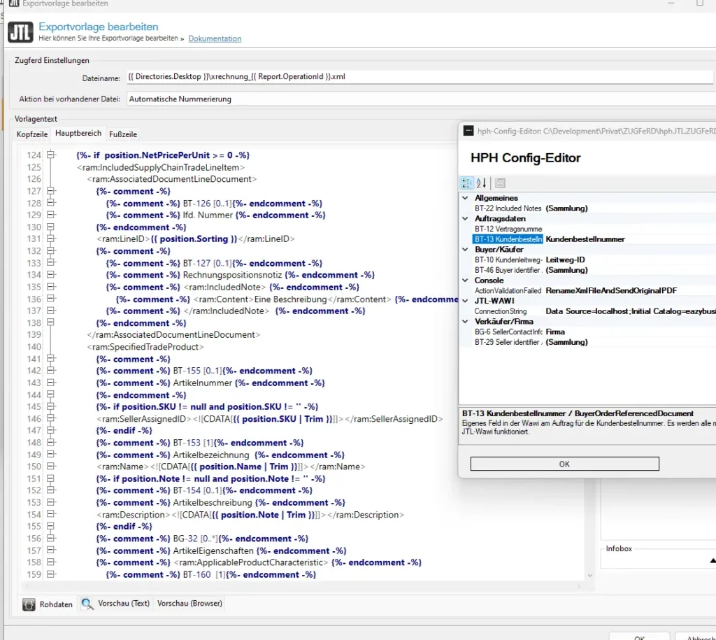 ZUGFeRD-Vorlage vs HPH.JTL Einstellungen